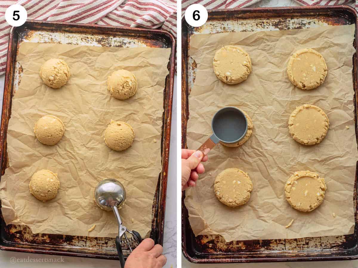 Photo collage of scooped cookie dough and smashing cookie dough.
