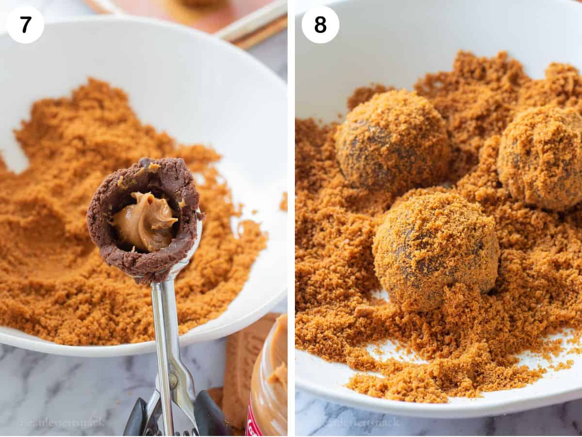 Chocolate dough with cookie butter inside and chocolate dough balls rolled in cookie crumbs.