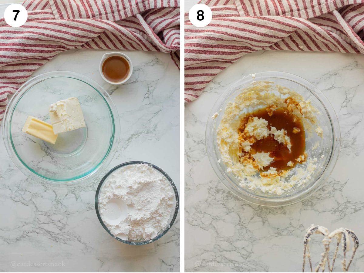 Photo collage of butter and cream cheese in bowl and caramel in bowl.