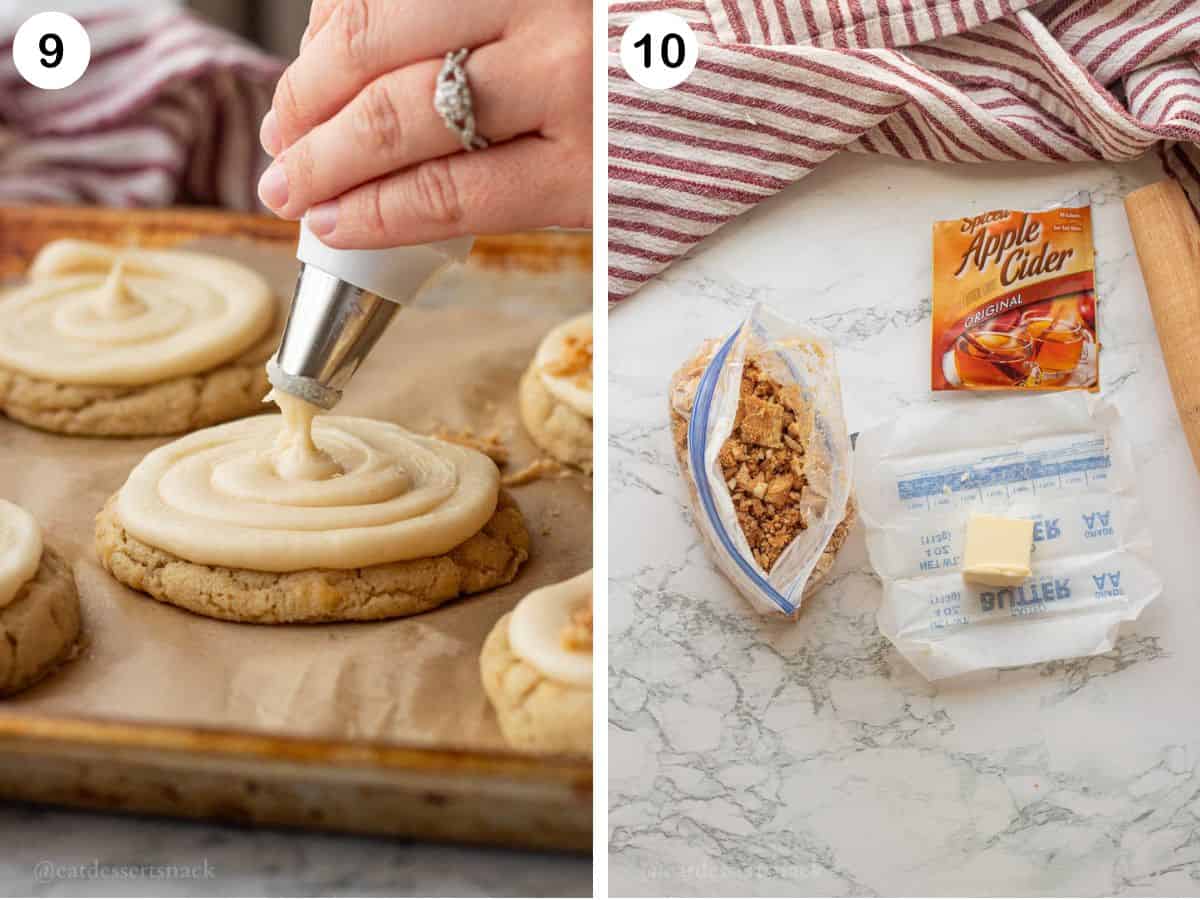 Photo collage of caramel frosting piped onto cookies and streusel ingredients.