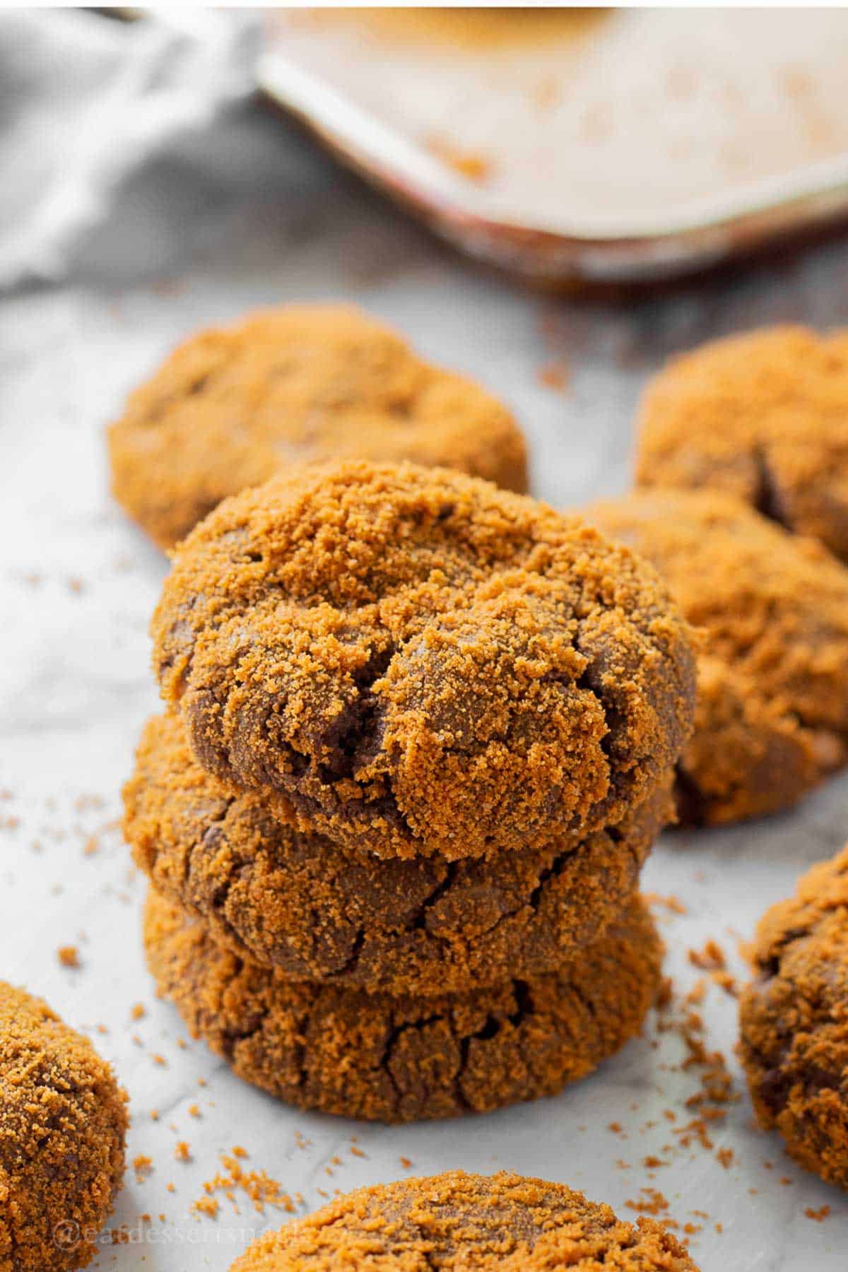 Baked biscoff chocolate crinkle cookie.