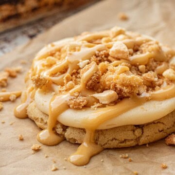 Baked caramel apple cookie on pan.