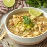 Bowl of green posole in bowl.
