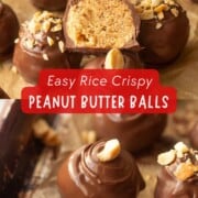 Photo collage of halved peanut butter balls and dipped chocolate ball on tray.