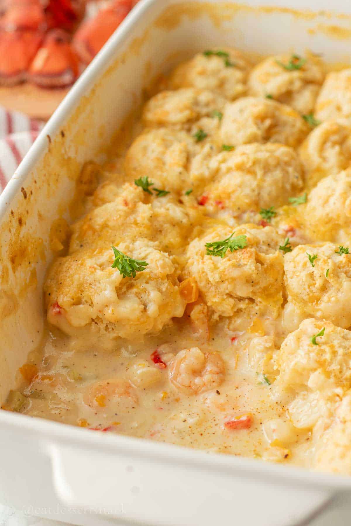 Baked seafood pot pie in pan.