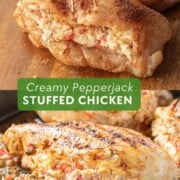 Raw stuffed chicken on cutting board and cooked pepperjack chicken in frying pan.
