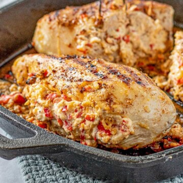 Cooked pepperjack chicken in frying pan.