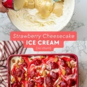 Pouring condensed milk into whipped cream and pan full of strawberry cheesecake ice cream
