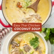 Photo collage of cooking soup in pan with wooden spoon and soup in bowl on plate with lime slice.
