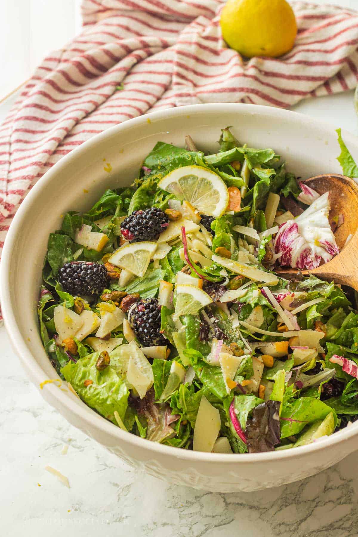 Blackberry Pear Salad in bowl.