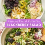 Blackberry Pear Salad in bowl with toppings and wooden spoon.