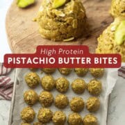 Pistachio balls on cutting board and in pan.