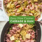 Spoon in bowl of cooked ham and cabbage and raw ingredients in crock pot with butter on top.