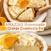 Spatula holding slice of orange cream pie in ceramic dish.
