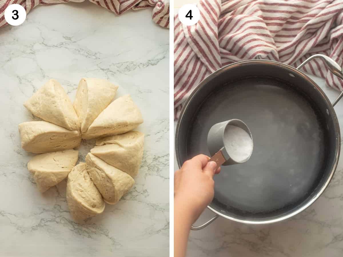Pretzel dough cut into sections and pouring baking soda into pot of water.