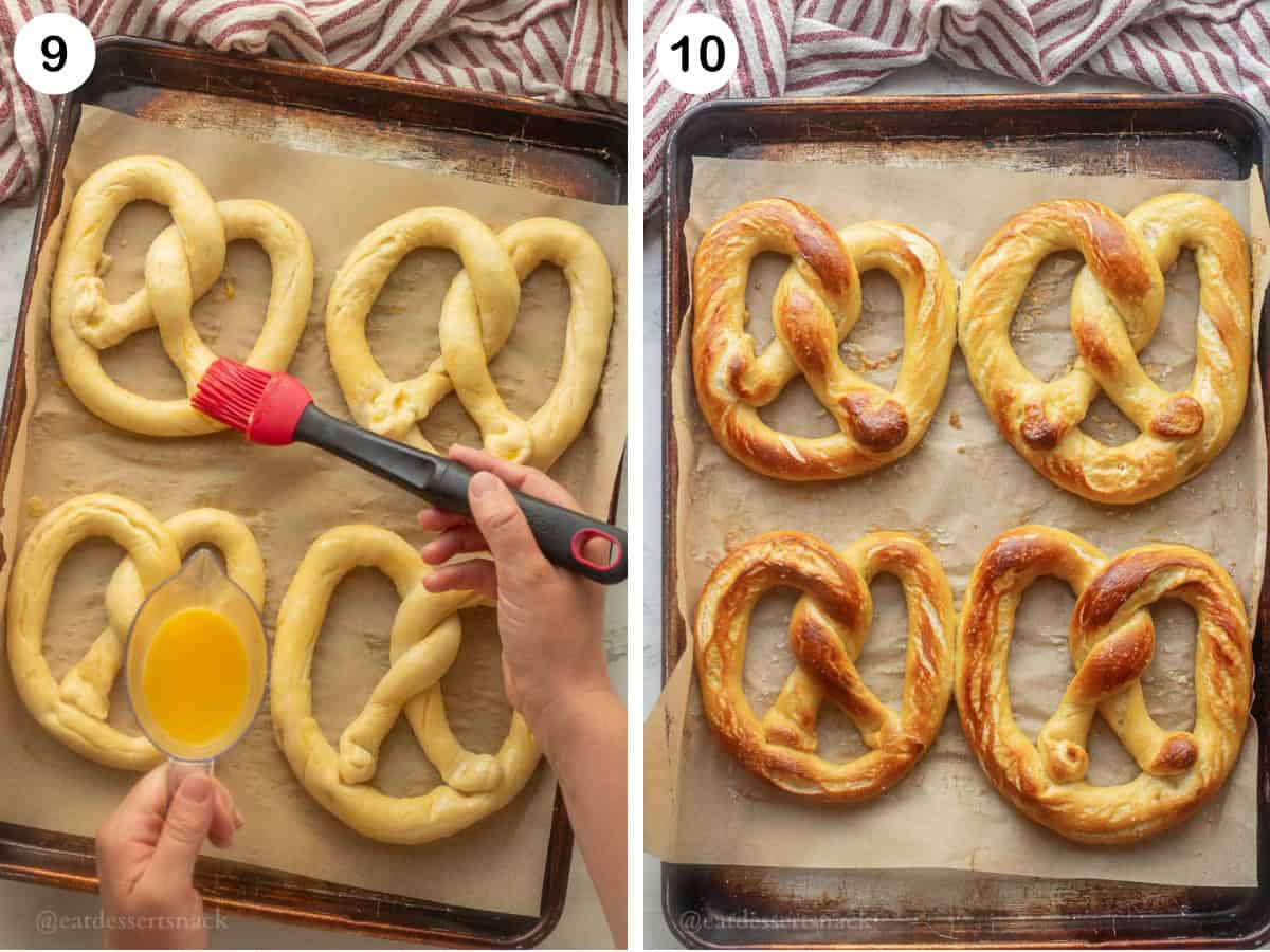 Brushing egg onto raw pretzel and pan of baked pretzels.