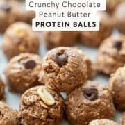 Stacked chocolate peanut butter protein balls.