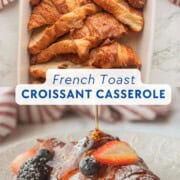 Croissants in pan with custard and baked slice on plate with syrup.