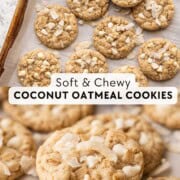 Baked oatmeal coconut cookies on tray with coconut shavings.