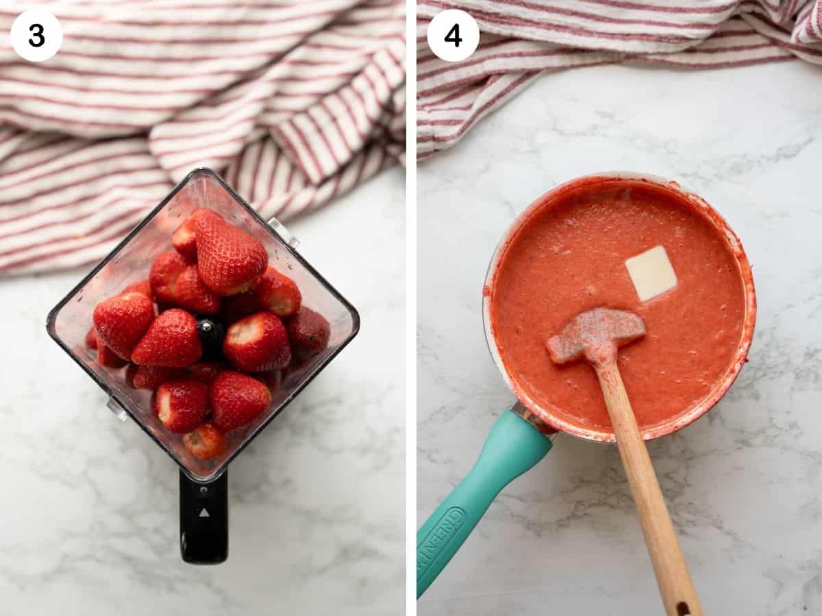 Strawberries in blender, and strawberry puree with butter and spatula in pot.