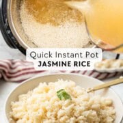 Cooked jasmine rice in a bowl and pouring broth into raw rice in a pot.
