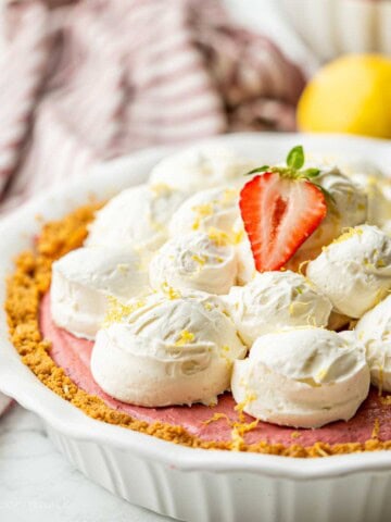 Baked strawberry pie in pan.
