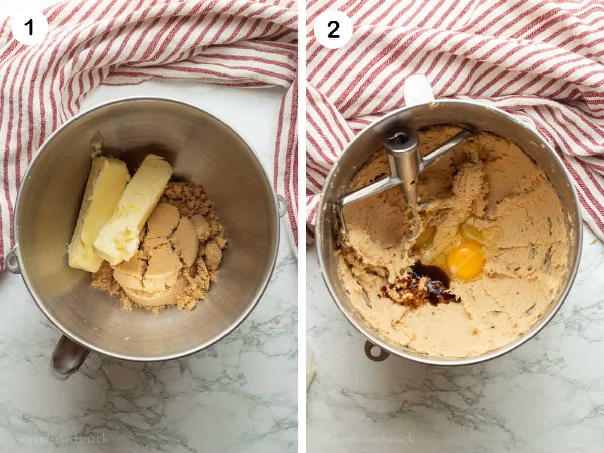 butter and brown sugar in bowl, brown sugar and vanilla in bowl.