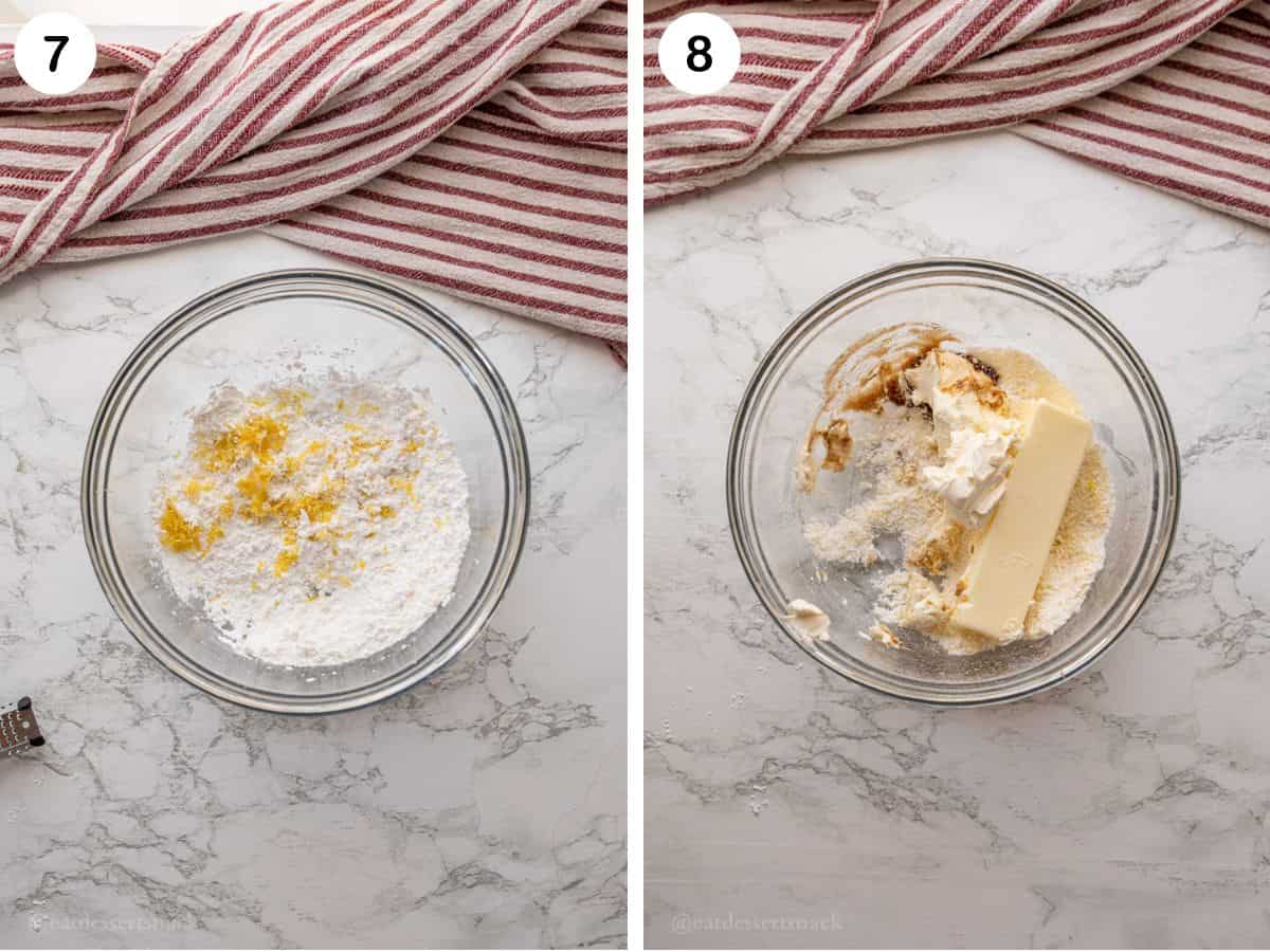 Lemon zest in powdered sugar and cream cheese and butter in bowl.
