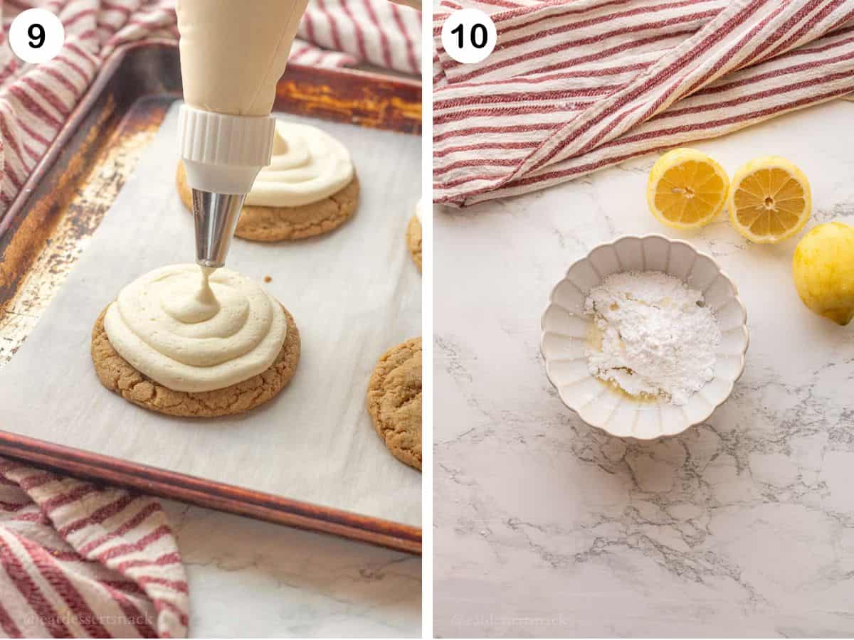 Frosting lemon cheesecake cookies and powdered sugar and lemon juice in a bowl.