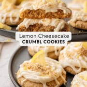 Frosted lemon cheesecake cookies baked on plate.